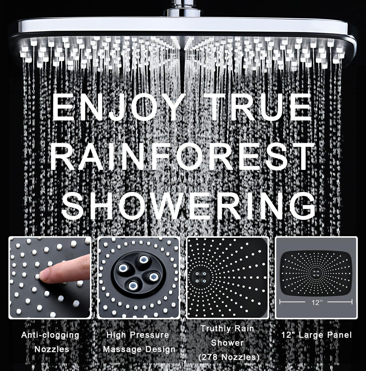 Rain Shower Head with Handheld Showerhead, Chrome 1.8GPM 460311 | 12" High Pressure Rainfall Shower Heads, 9 Sprays Handheld Showerheads, Magnetic Docking, Power Jets, 59" Shower Hose