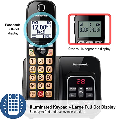 Panasonic Cordless Phone with Answering Machine, 2 Handsets Landline Phone | Home phones landline cordless featuring an answering machine, call block and caller ID, Metallic Black, KX-TGD832M
