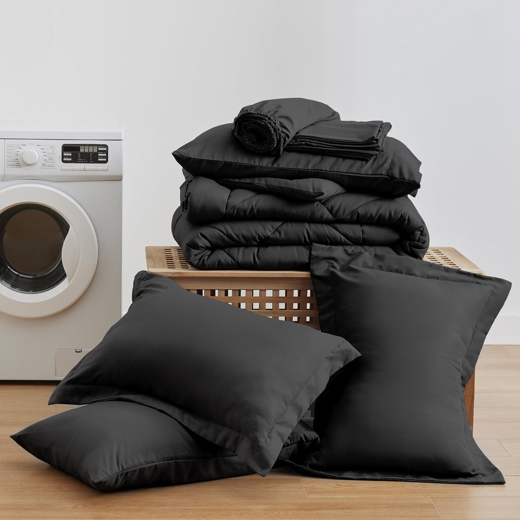 Love's cabin King Size Comforter Set, 7 Pieces Bed in a Bag, Black | OEKO-TEX Certified, All-Season, 1 Down-Alternative Comforter + 1 Flat & Fitted Sheets + 2 Pillowcases + 2 Pillow Shams