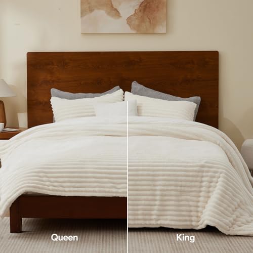 BEDELITE Fleece Queen Comforter Set, Fluffy Bed Set, Cream White | Super Soft & Warm Bedding, Luxury Fuzzy Faux Fur Comforter for Winter, Heavy Plush Bedding, with 2 Pillowcases