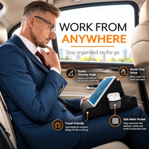 Brookstone Tablet Lap Cushion - Tablet and Phone Holder for Bed, Flights, and Travel, Two Angled Memory Foam Lap Desk for Reading and Hands Free Viewing, Compatible iPad and Kindle Accessories, Black