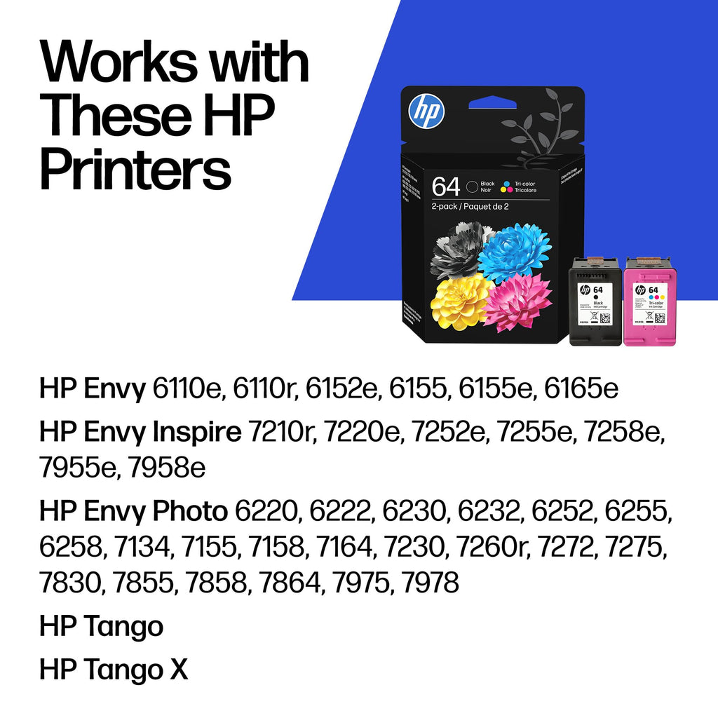 HP 64 Black & Tri-Color Ink Cartridges Printers (Combo Pack) | Works with Printer Series: Inspire 7950e; Envy Photo 6200, 7100, 7800; Tango | Eligible for Instant Ink | X4D92AN