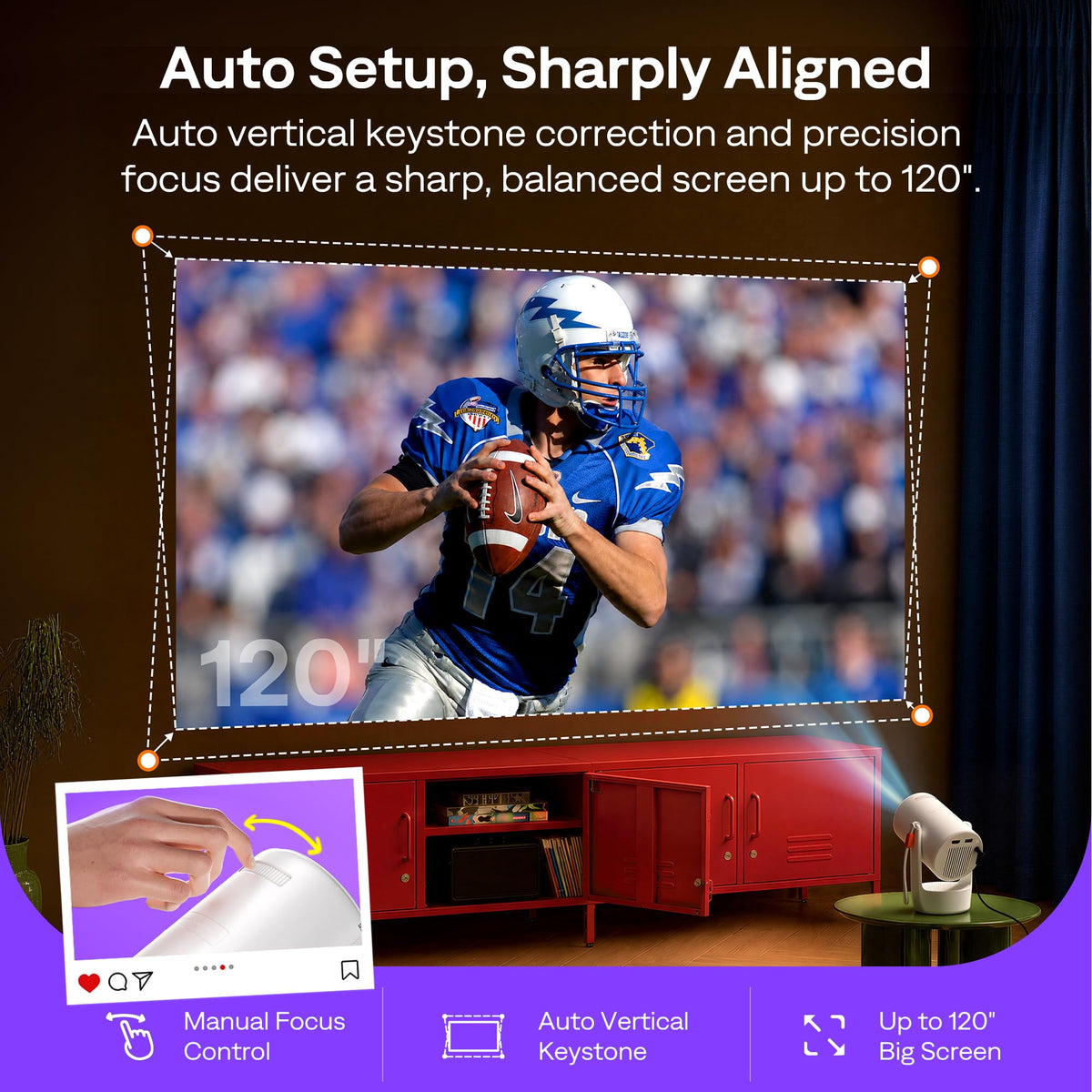 Aurzen Roku TV E1R Smart Portable Mini Projector with WiFi and Bluetooth | Roku TV Built-in, Upgraded Sound Base, 180° Rotation, Auto Vertical Keystone, Zoom, Portable for Home Movie/Bedroom/Outdoor