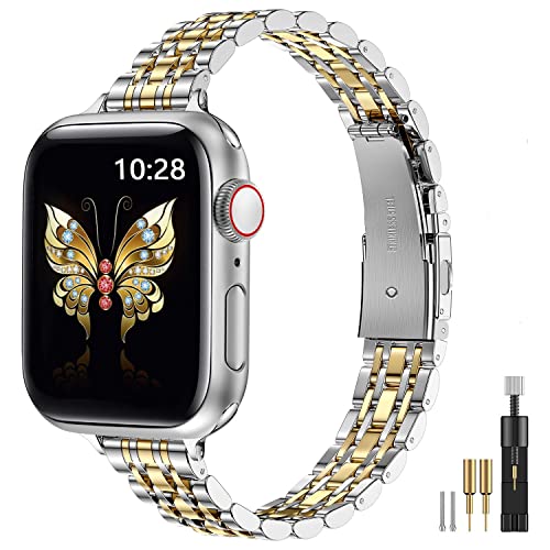 MioHHR Slim Metal Band Compatible with Apple Watch Bands 42/41/40/38mm | Thin Luxury Stainless Steel iWatch Bands Series 12/11/10/9/8/7/6/5/4/3/2/1/SE3/SE2/SE for Women,Silver/Gold