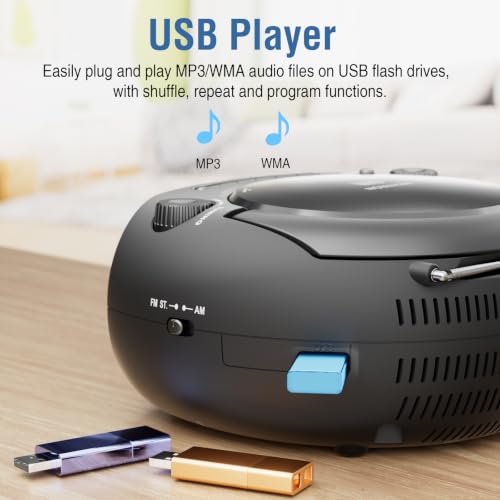 Nextron Portable CD Player Boombox with Bluetooth, AM/FM Radio & USB | CD-R/RW, MP3-CD & USB Playback, Stereo Sound, Bass Boost, AUX Input, Headphone Jack, LCD Display, AC/Battery Powered - Black