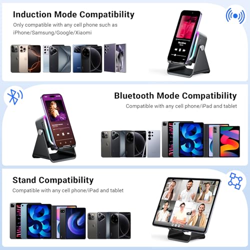 Induction Speaker with Phone Stand 5 in 1 Wireless Bluetooth Audio Black | Phone Speaker Amplifier for iPhone & Android with RGB Light and USB Wired Charging, Birthday Gift for Men Women Teens