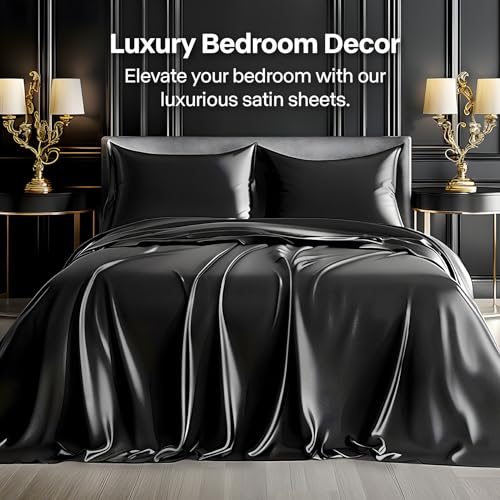 BEDELITE Satin Sheets Queen Size Bed Set, Black, 4 Pieces | Luxury Silky Bed Sheets, 15 Inch Deep Pocket, Similar to Silk, Soft and Cooling, Reduces Friction, Gentle on Hair and Skin
