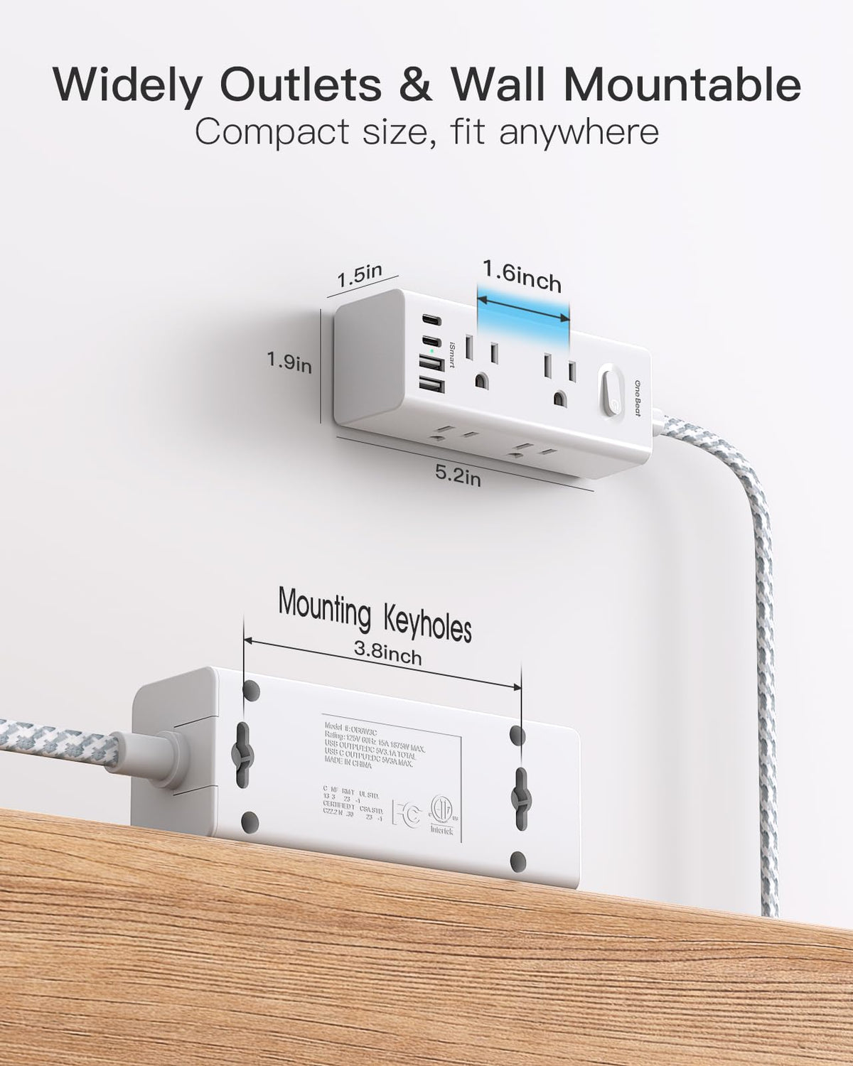One Beat Surge Protector Power Strip, 5 Ft Flat Plug Extension Cord, 900J | 6 Outlets 4 USB Ports(2 USB C), Wall Mount Outlet Extender Small Power Strip for Travel Home Office College Dorm Room Station