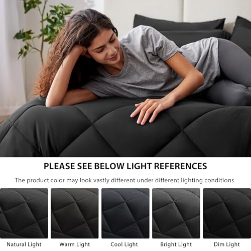 Love's cabin King Size Comforter Set, 7 Pieces Bed in a Bag, Black | OEKO-TEX Certified, All-Season, 1 Down-Alternative Comforter + 1 Flat & Fitted Sheets + 2 Pillowcases + 2 Pillow Shams