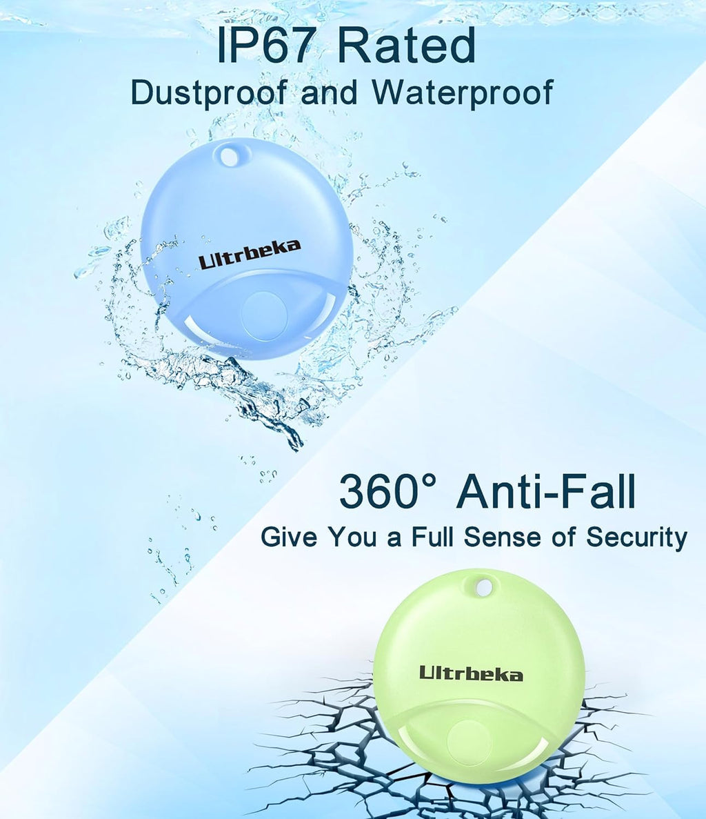 Ultrbeka Air Tracker Tag 4 Pack Bluetooth Item Finder for iPhone – MFi Certified Smart Tracker Compatible with Apple Find My, Replaceable Battery, IP67 Waterproof Key Finder for Keys, Wallet, Luggage