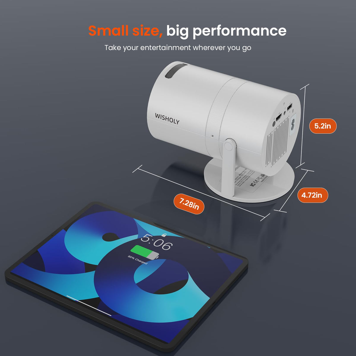 WISHOLY Mini Projector with WiFi and Bluetooth, Portable Movie Projector with 180° Rotatable, 1080P HD Supported, Auto Vertical Keystone, Compatible with Smartphone, TV Stick, Laptop, HDMI, USB
