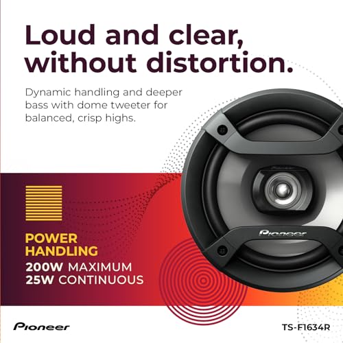 Pioneer F-Series TS-F1634R 6.5" 2-Way Coaxial Car Speakers 200W Max | Great Factory Speaker Replacement, Balanced Sound + Smooth Treble, High-Efficiency Speaker Designed for OEM Power
