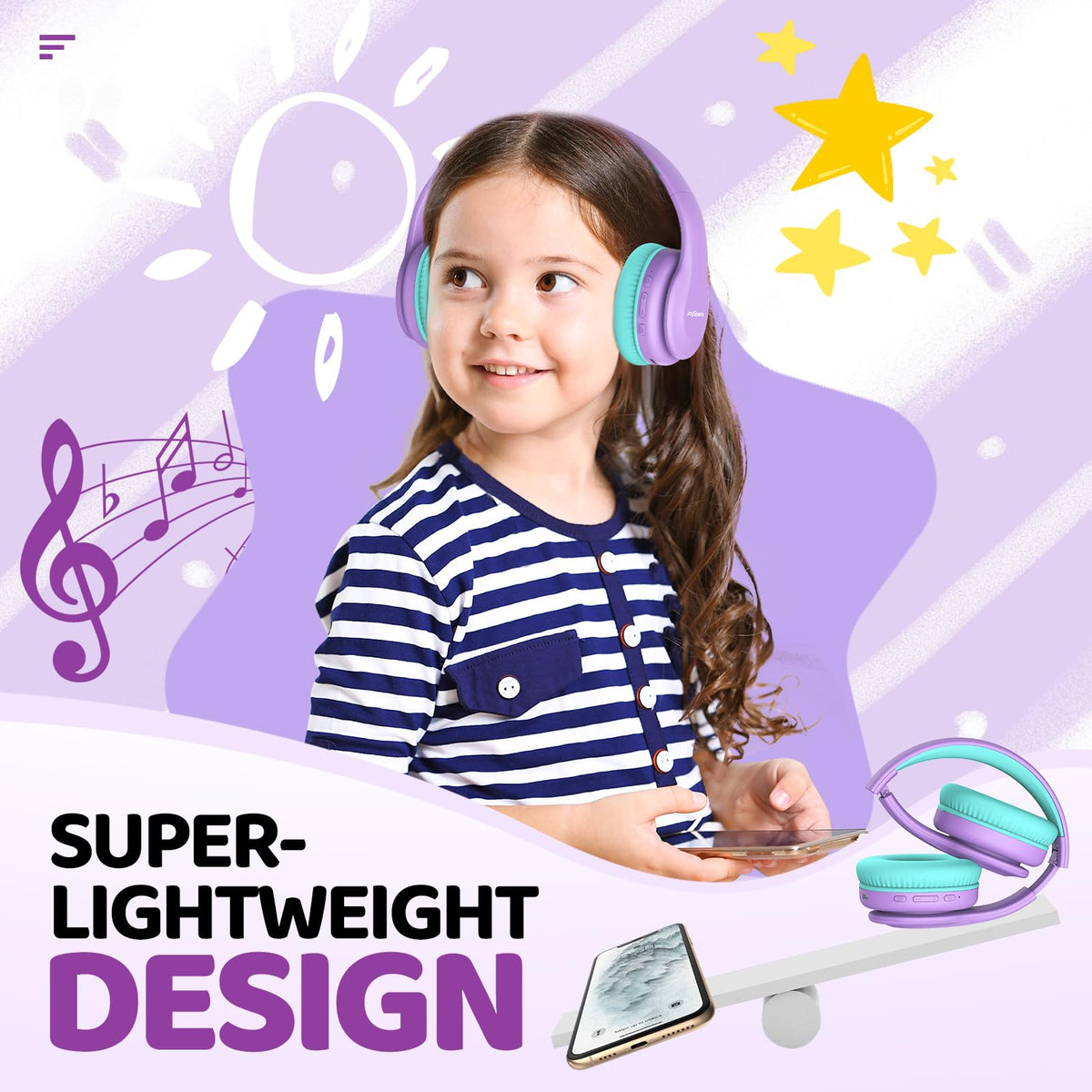 JoySpark Kids Bluetooth Headphones Over-Ear, 60Hrs, Built-in Mic-Purple | 85/94dB Volume Limited, Bluetooth 5.3, Stereo Sound, Lightweight Kids Wireless Headphones for Kids Toddler Travel School