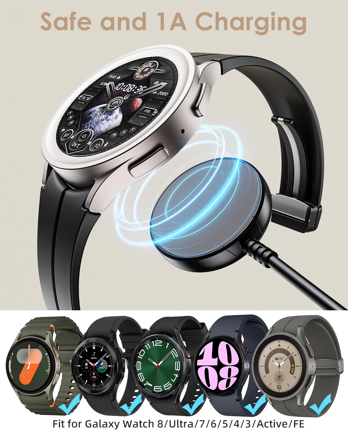2 Pack for Samsung Galaxy Watch Charger Compatible with Watch 8/8 Classic | for Samsung Watch Ultra/7/6/6 Classic/5/5 Pro/4/4 Classic/3/Active/FE USB A Parallel Cables Magnetic (Not for 9/Ultra 2)