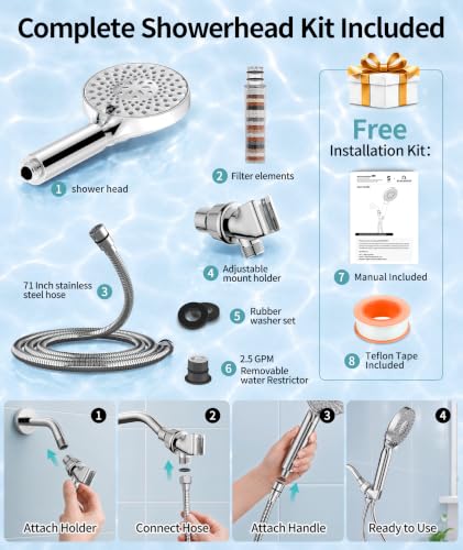 SR SUN RISE Filtered Shower Head with Handheld High Pressure 9 Spray Mode Showerhead Detachable Shower Head Water Softener Filters Beads for Hard Water Remove Chlorine 1 Filter Bright Silver