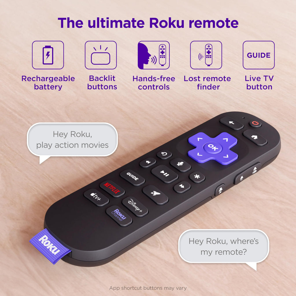 Roku Voice Remote Pro (2nd Ed.), TV Remote Control with Backlit Buttons | Hands-free Voice Controls, Rechargeable, & Lost Remote Finder - Replacement Compatible with All Roku TV, Players & Audio