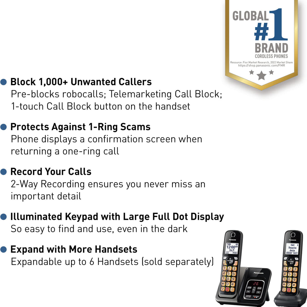 Panasonic Cordless Phone with Answering Machine, 2 Handsets Landline Phone | Home phones landline cordless featuring an answering machine, call block and caller ID, Metallic Black, KX-TGD832M