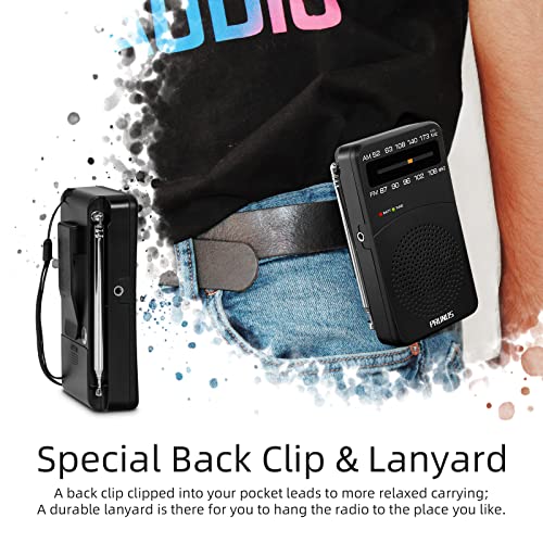 PRUNUS J-166 Portable Radio AM FM, Battery Operated Radio | Tuning Light, Back Clip, Layard, Excellent Reception, AM FM Radios Portable, Transistor Radios