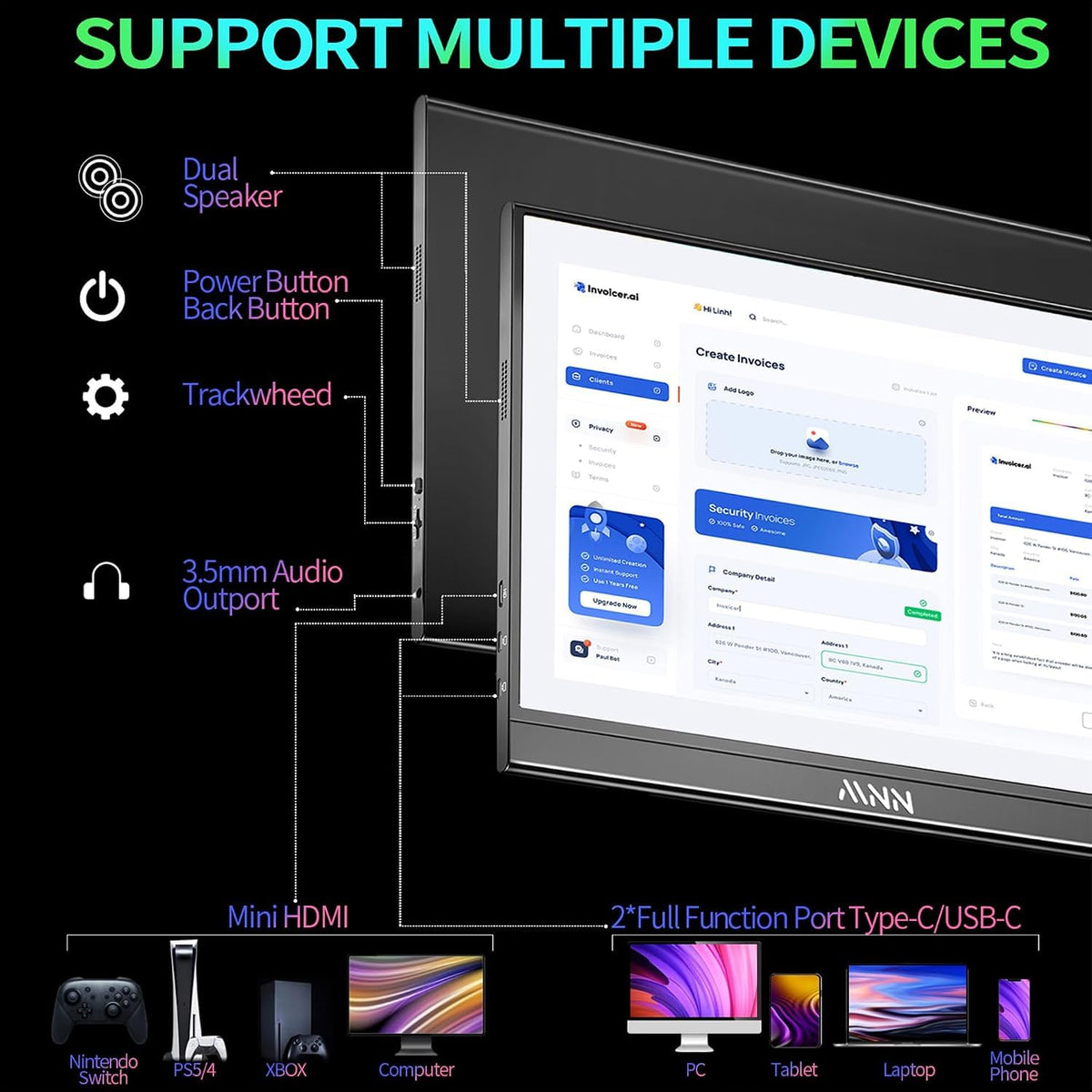 MNN 15.6" FHD 60Hz Portable Monitor USB-C HDMI IPS HDR Gaming Laptop | 15.6" FHD IPS HDR, USB-C one-cable, PC/Mac/Phone/Switch, Smart Case,Laptop , low blue, work&game