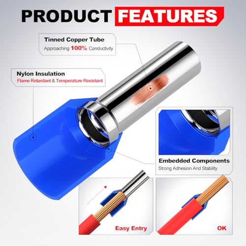 AIRIC 10 AWG/Gauge Wire Ferrule Insulated Connectors Copper Crimp Terminal