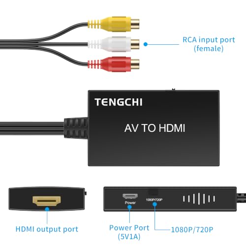 Tengchi RCA to HDMI Converter, AV to HDMI Adapter | Composite to HDMI Support 1080P PAL/NTSC For PS1, PS2, PS3, STB, Xbox, VHS, VCR, DVD Players