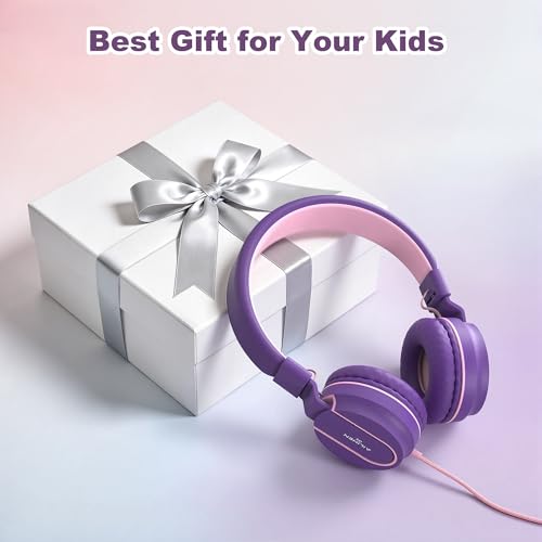 Kids Headphones for School with Microphone, 93dB Volume Limited, PinkPurple | Wired On Ear Headphones for Girls Boys, Foldable Lightweight Headphone for Classroom Learning & Entertainment Travel Computer