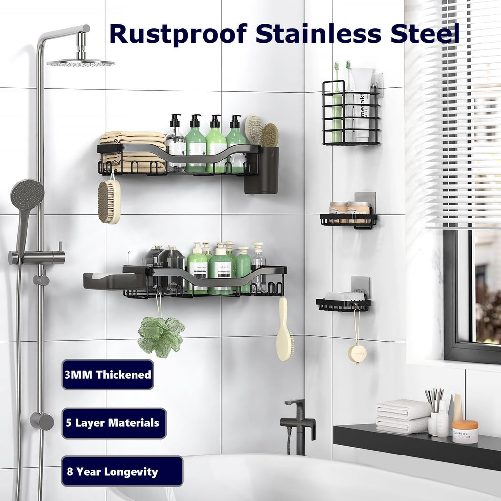 NESOMI 7-Pack Shower Caddy Adhesive,Stainless Steel Shower Organizer Shelf | Rustproof, with Soap Dish Toothbrush Holder, Large Capacity, No-Drill Rack Bathroom Storage Accessories, 24 Hooks, Home Decor