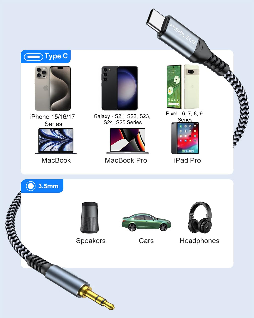 MORELECS USB C to 3.5mm Audio Aux Cable 3.3FT - Aux to USB C for Car Stereo | Aux Cord to USB C for iPhone 18/17/16/15, iPad, Galaxy S26/S25, Pixel, Laptop Perfect for Car, Speakers, Headphone
