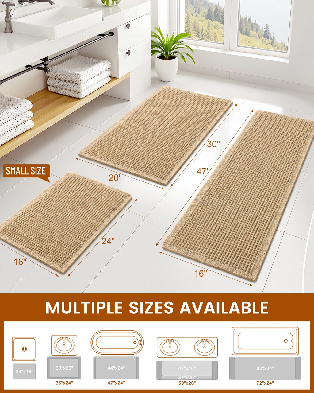 Smiry Waffle Bath Mat 30X20, Extra Soft Absorbent Bathroom Rugs, Brown | Non Slip Machine Washable Quick Dry Bath Rugs for Bathroom Floor, Tub, Shower, Home Decor Accessories
