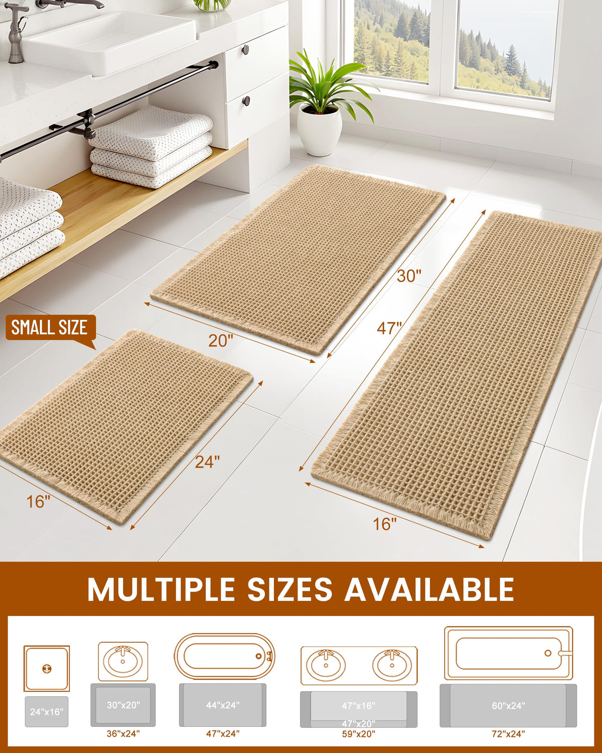 Smiry Waffle Bath Mat 30X20, Extra Soft Absorbent Bathroom Rugs, Brown | Non Slip Machine Washable Quick Dry Bath Rugs for Bathroom Floor, Tub, Shower, Home Decor Accessories