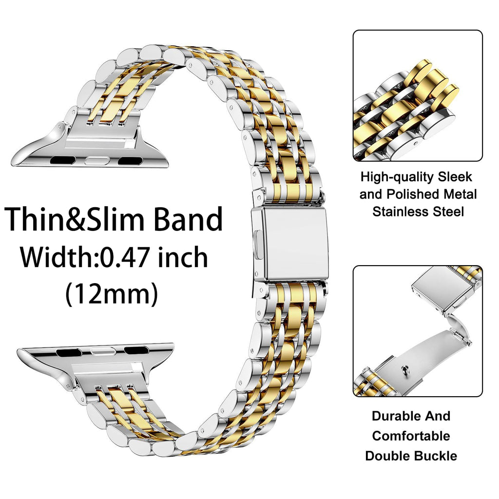 MioHHR Slim Metal Band Compatible with Apple Watch Bands 42/41/40/38mm | Thin Luxury Stainless Steel iWatch Bands Series 12/11/10/9/8/7/6/5/4/3/2/1/SE3/SE2/SE for Women,Silver/Gold