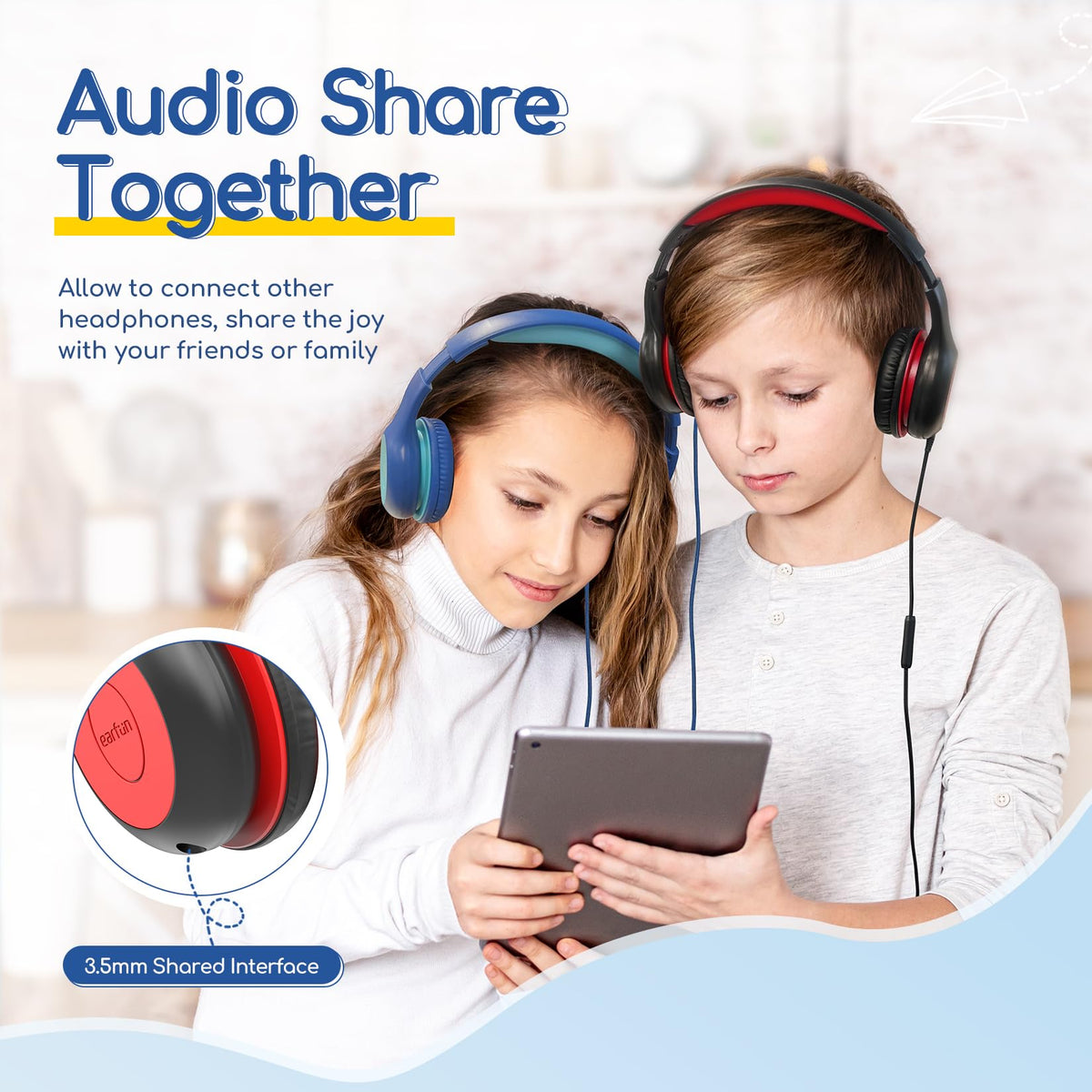 EarFun K1 Kids Headphones Wired with Mic, Volume Limit Headphones for Kids | Portable Wired Headphone with Shareport, Stereo Sound, Foldable Headset for School/Toddler/Tablet/iPad/Kindle, Black Red