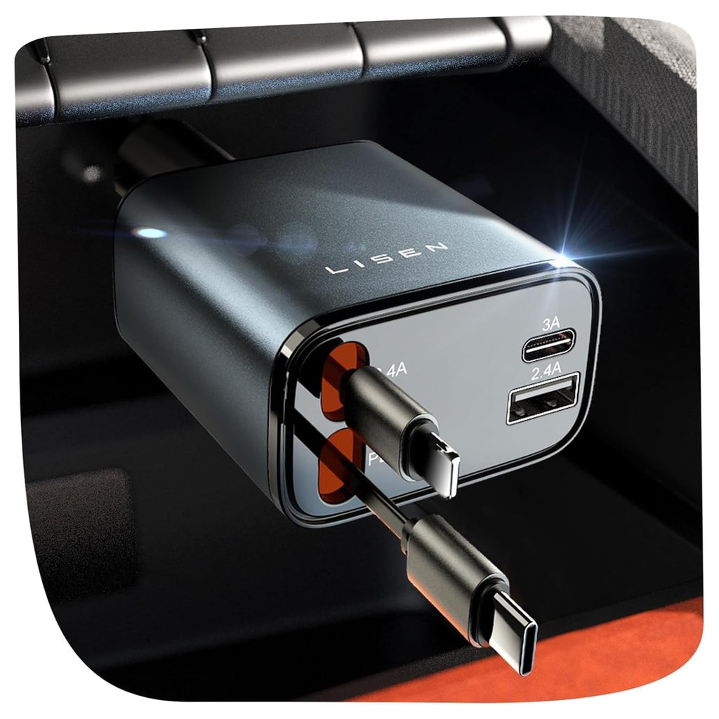 LISEN Retractable Car Charger, 84W Car Charger USB C Fast Charge, 4 in 1 | Cigarette Lighter Adapter, Car Accessories, for Christmas Day Gifts for Men Women Dad Mom, for iPhone 18 Pro Max 17 16 15 14