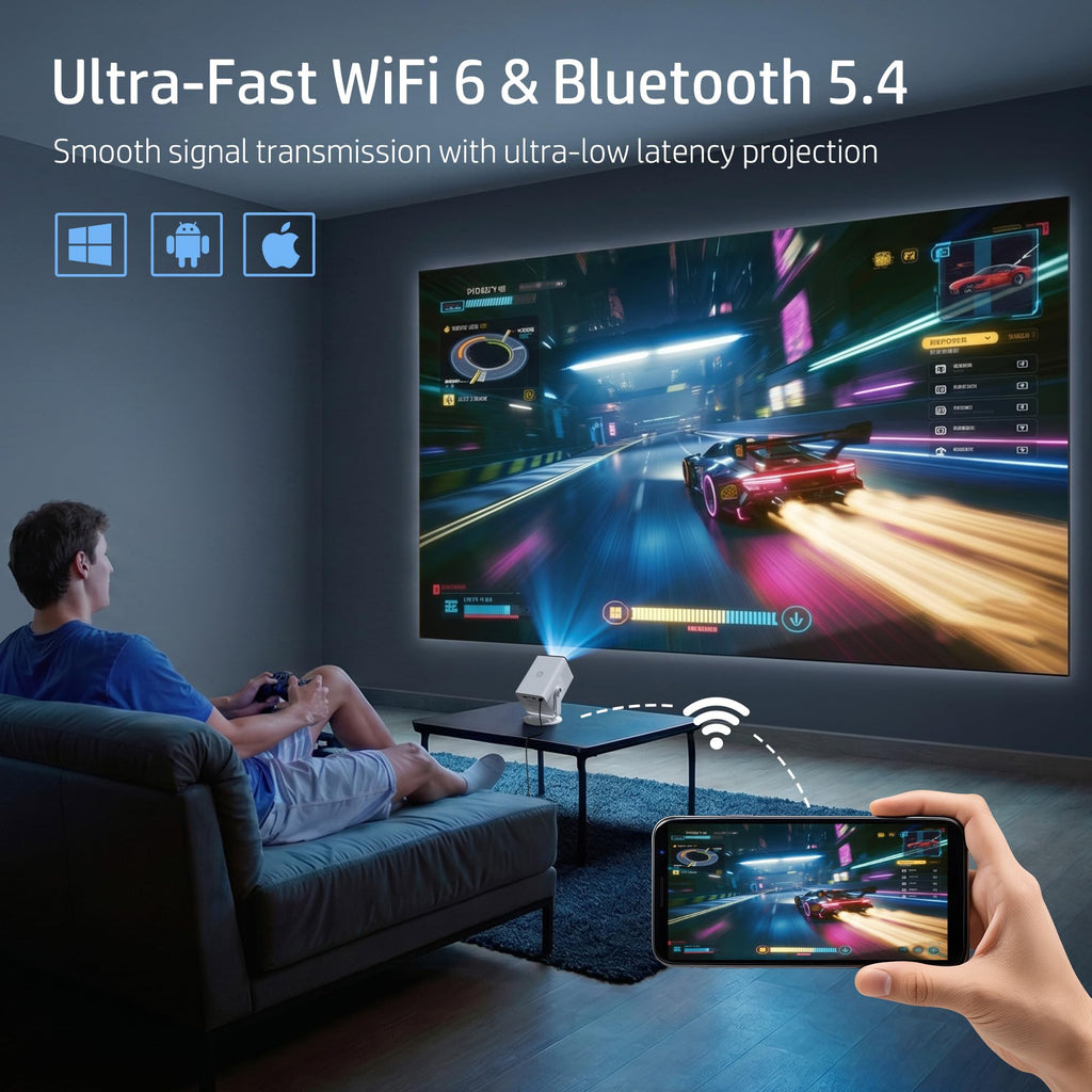 HP Projector Built-in Apps, USB-C Power Bank Compatible for Outdoor MC400 | Portable Mini Projector with WiFi 6 and Bluetooth 5.4, 1080P/4K Supported, Auto Keystone & 90° Rotatable, Smart Android TV OS