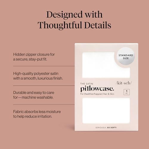 Kitsch Satin Pillowcase with Zipper - Standard Size, Ivory | Softer Than Silk Pillow Cases, Smooth Cooling Satin Pillow Case for Hair and Skin, Wrinkle-Free, Machine Washable