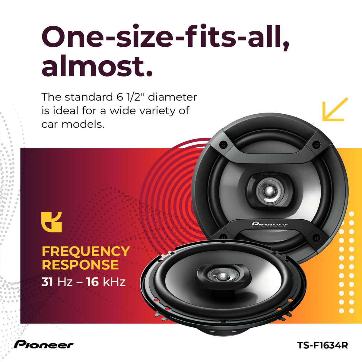 Pioneer F-Series TS-F1634R 6.5" 2-Way Coaxial Car Speakers 200W Max | Great Factory Speaker Replacement, Balanced Sound + Smooth Treble, High-Efficiency Speaker Designed for OEM Power