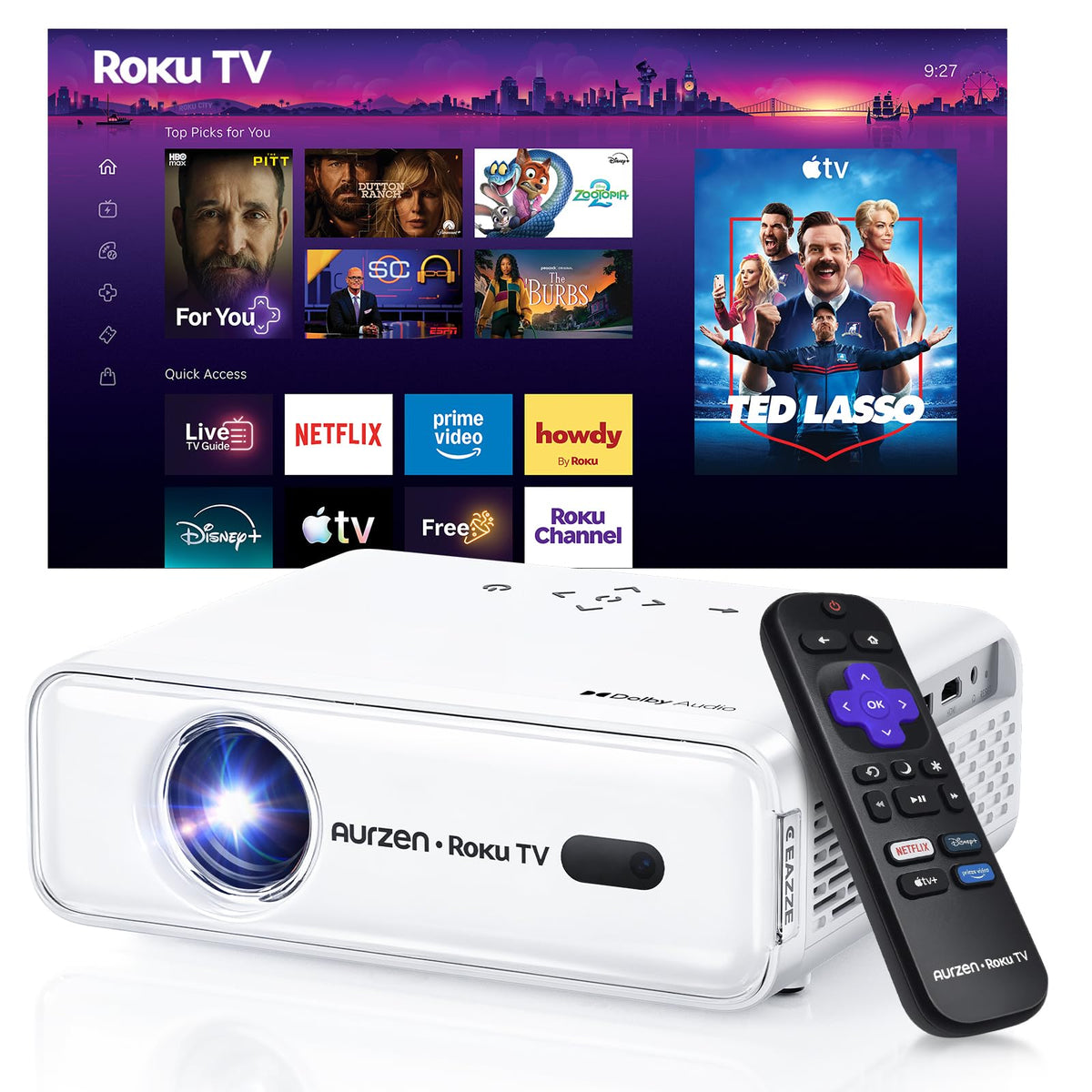 Aurzen Roku TV D1R Smart Portable Outdoor Projector with WiFi and Bluetooth | Roku TV Built-in, All Top Apps, 1080P FHD, DoIby Audio, Auto Focus & Keystone, Zoom, Mini Projector for Home & Outdoor Movies
