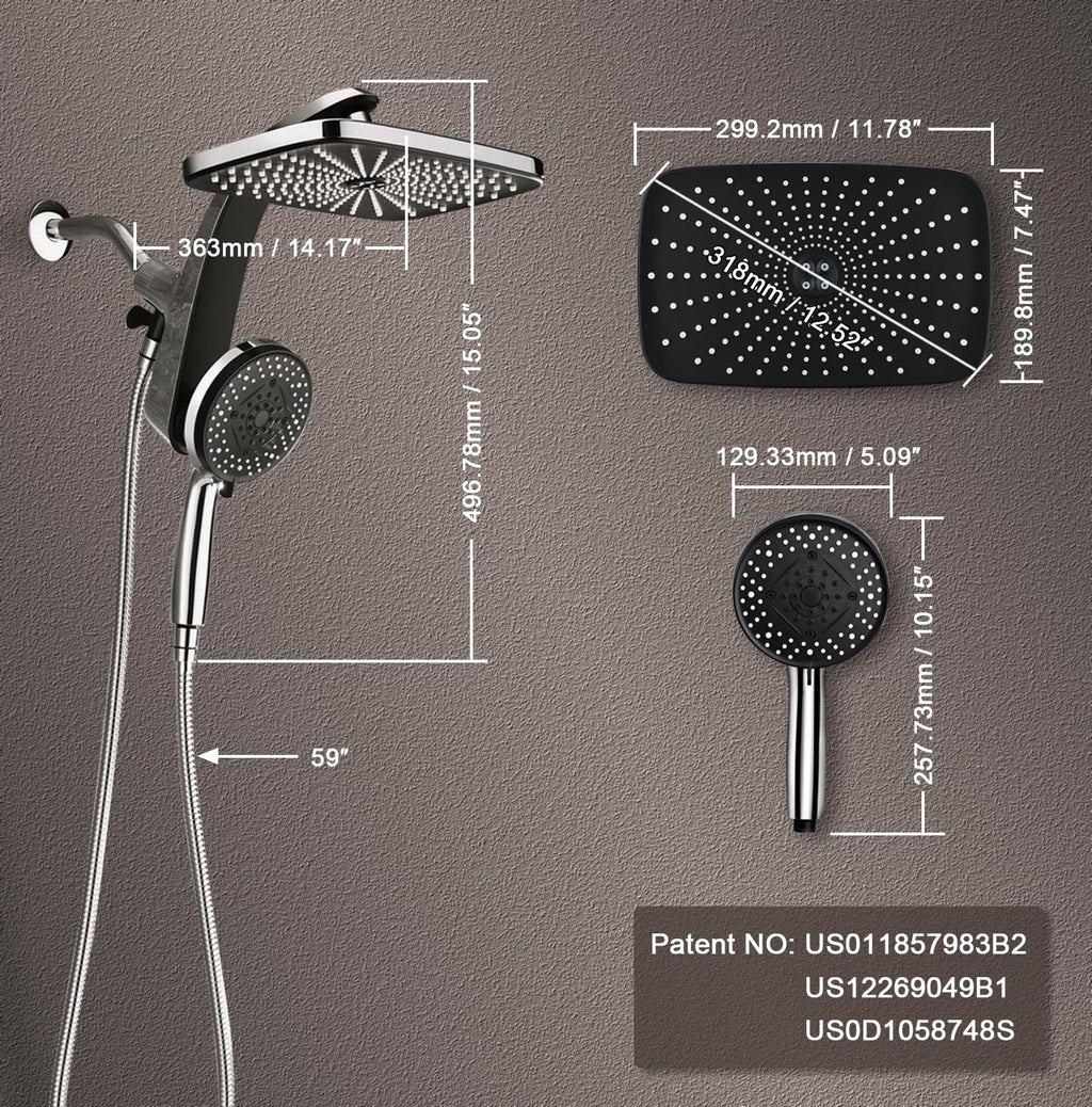 Rain Shower Head with Handheld Showerhead, Chrome 1.8GPM 460311 | 12" High Pressure Rainfall Shower Heads, 9 Sprays Handheld Showerheads, Magnetic Docking, Power Jets, 59" Shower Hose