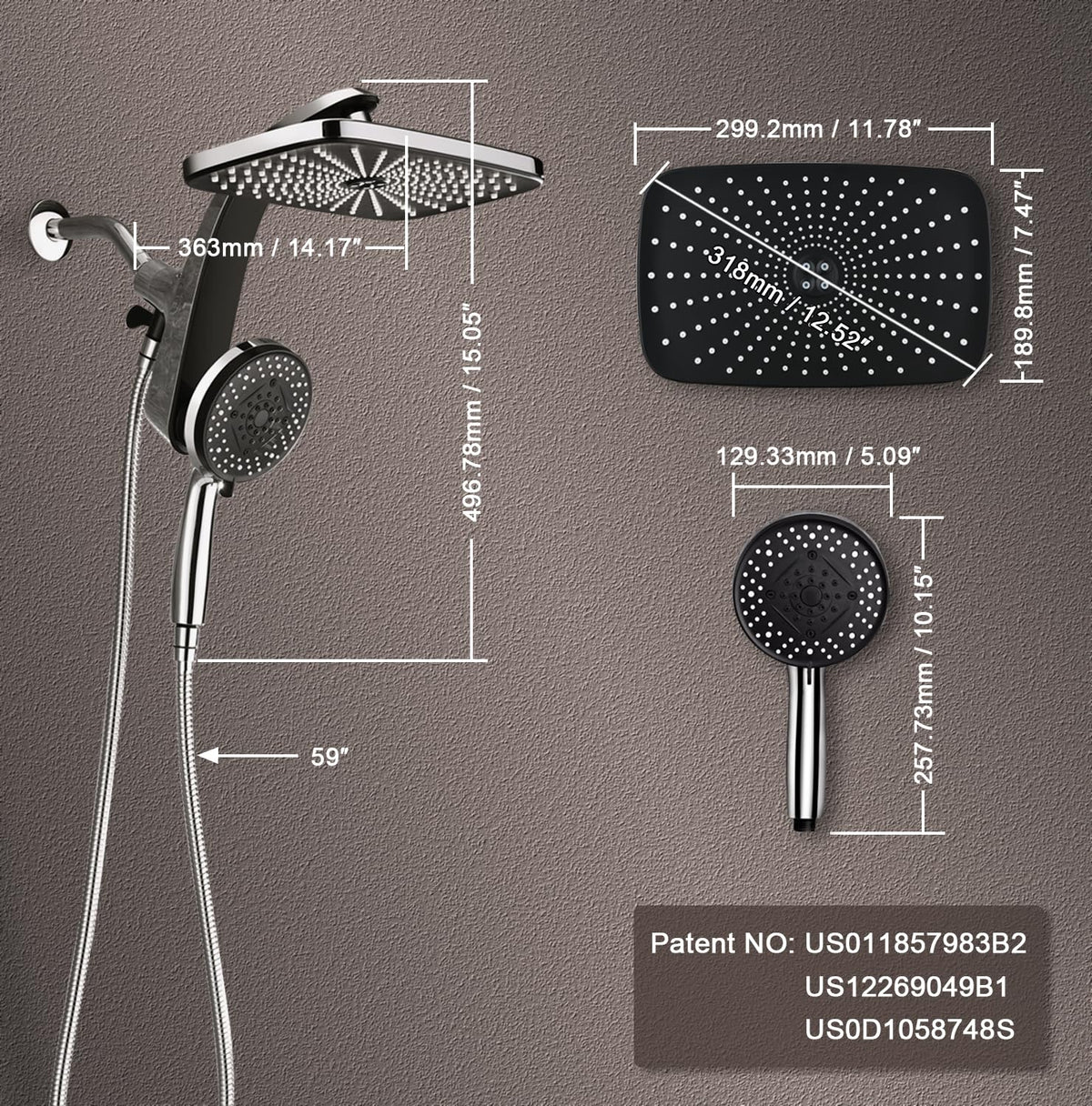Rain Shower Head with Handheld Showerhead, Chrome 1.8GPM 460311 | 12" High Pressure Rainfall Shower Heads, 9 Sprays Handheld Showerheads, Magnetic Docking, Power Jets, 59" Shower Hose