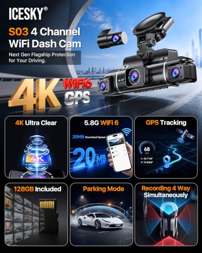 Icesky 4K Dash Cam Front and Rear Left Right with GPS, 20MB/s WiFi 6 | Include 128GB SD Card, G-Sensor, 5.8GHz WiFi6, Parking Mode, 8 IR Lights, 4K Front 1080P Rear/Left/Right, 360° 4 Channel