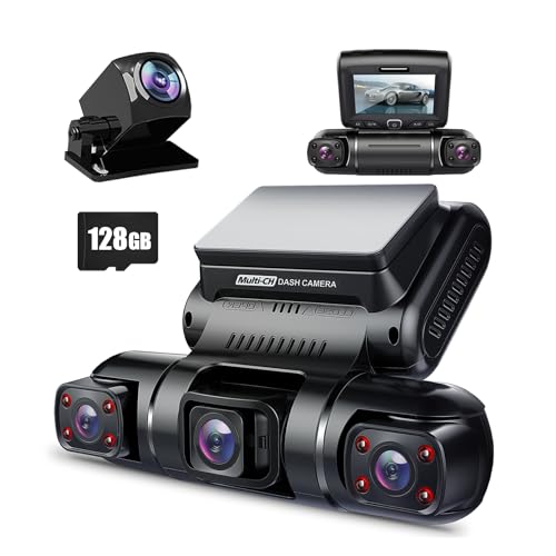 PRUVEEO 360° 4 Channel Dash Cam Front and Rear Inside Left Right, Dash Camera for Cars, Built-in GPS WiFi Night Vision, 24/7 Recording Parking Mode Monitor, 128G Card Included