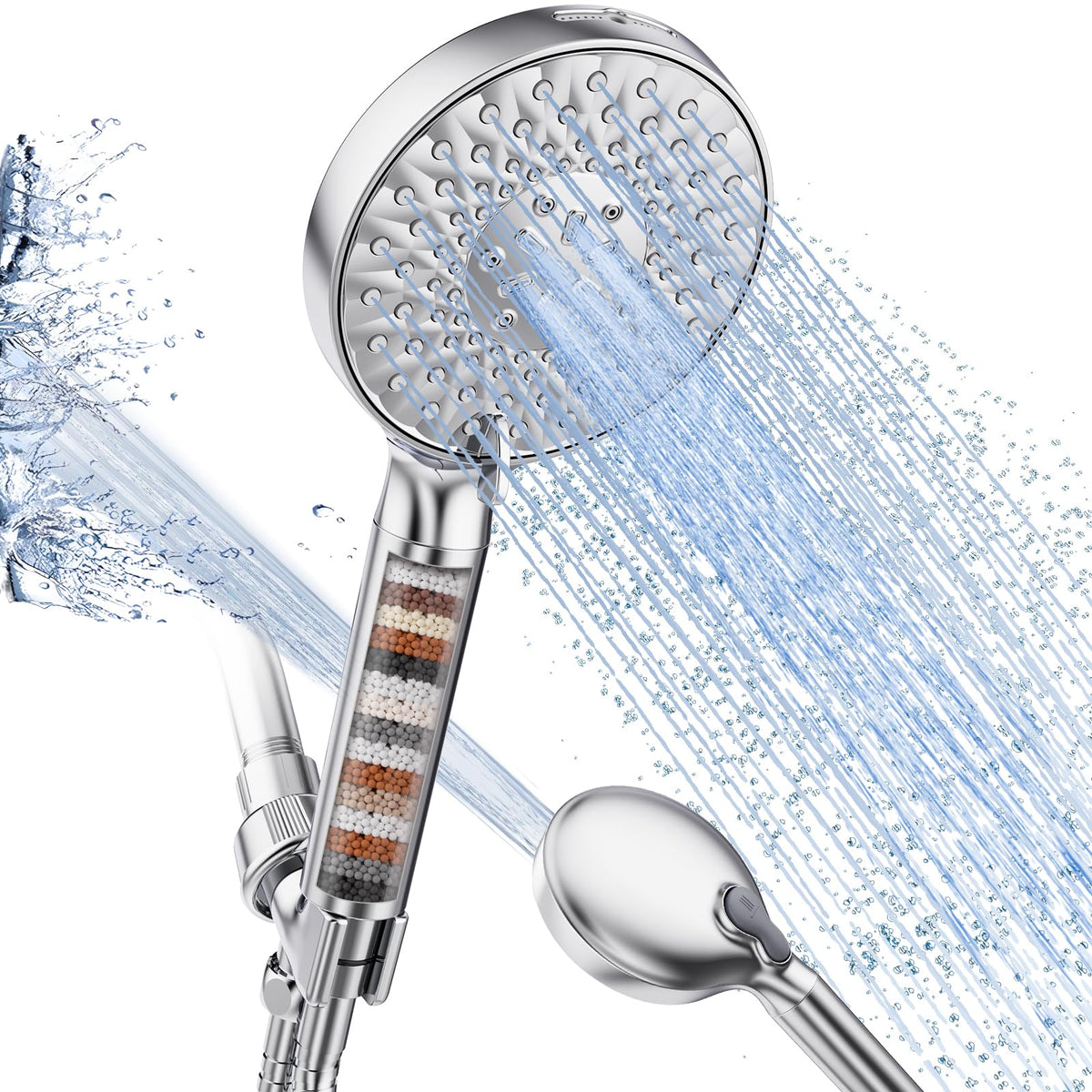 SR SUN RISE Filtered Shower Head with Handheld High Pressure 9 Spray Mode Showerhead Detachable Shower Head Water Softener Filters Beads for Hard Water Remove Chlorine 1 Filter Bright Silver