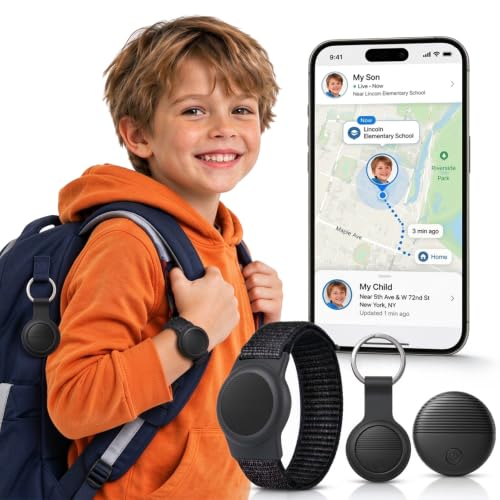 GPS Tracker for Kids with Real-Time Location Tracking & Family Sharing, Apple & Android Compatible, No Monthly Fees & No SIM Card, Wristband & Keychain Included, IP68 Waterproof, Black
