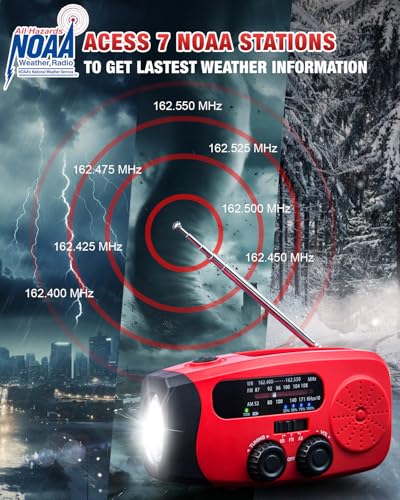 Emgykit Hand Crank Radio with AM/FM/NOAA Weather Band,for Emergencies | 3 LED Flashlights,SOS Function,Solar Powered,Hand Cranked, 2000mAh/7400mWh Charger,for Power Outage - Red