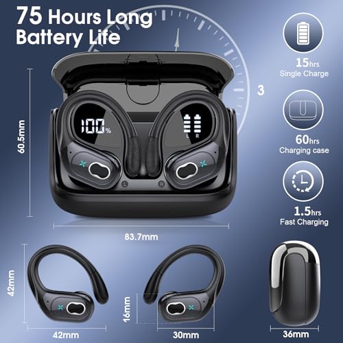 Wireless Earbuds 75H Bluetooth 5.4 Sport Headphones with Earhooks, Black | IPX7 Waterproof In-ear Buds Feature ENC Noise Cancelling Mic & Deep Bass. Stereo Sound Device for Gym Running Workout