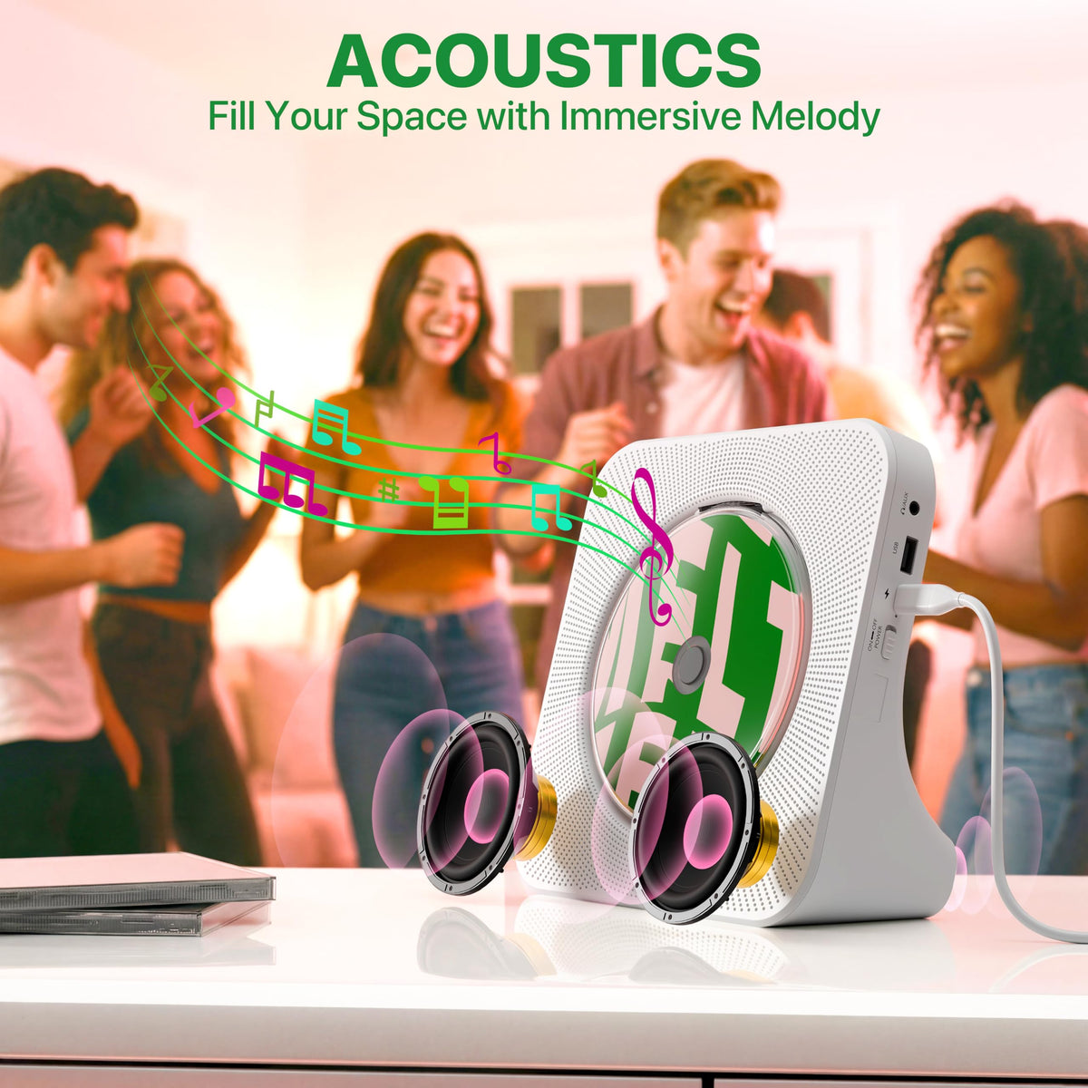 ROADOM Portable CD Player with Bluetooth, Hi-Fi Speakers & FM Radio | Bluetooth transmitter & receiver, Hi-Fi stereo sound, FM radio, USB & AUX, 5 CD formats, compact CD player for kids & seniors