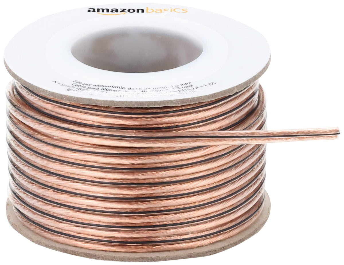 Amazon Basics 16-Gauge Speaker Wire Cable, Polarity Marked, 50 feet, Transparent