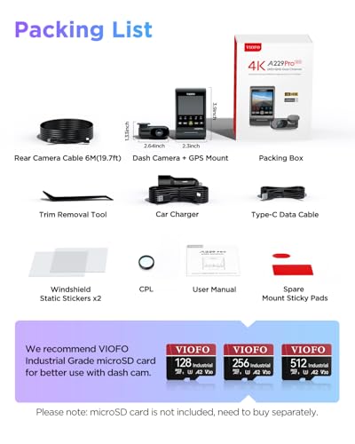 VIOFO A229 Pro 4K HDR Dash Cam Front and Rear, Dual STARVIS 2 Sensors | 4K Front and 2K Rear, IMX678 & IMX675 sensors, 5GHz Wi-Fi, GPS, Voice Control, Buffered 24H Parking Mode, Night Vision 2.0