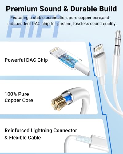 Aux Cord for iPhone,[Apple MFi Certified] Lightning to 3.5 mm AUX Cable for Car Stereo, Speaker, Headphone, Auxiliary Audio Cable Compatible with iPhone 14 13 12 11 XS XR X 8 7 3.3FT White