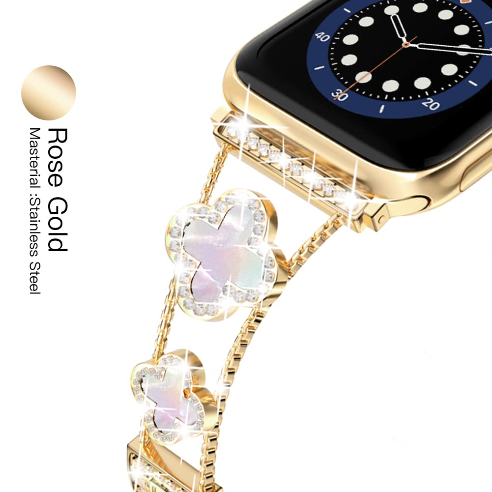 Musk-MSKR Diamond Metal Bands Add Sparkle to Your Watch For Apple Watch Series 11/10/9/8/7/6/5/4/3/2/SE/Ultra Clover Simple and Stylish Compatible with 38mm40mm41mm42mm44mm45mm 46mm49mm Women's Wear